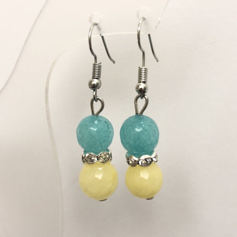 Aquamarine and Citrine Natural Stone Earrings with White Rhinestones, Faceted Bead, Diameter 10mm+-, Length 46mm+