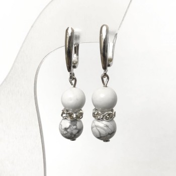 Cacholong Natural Stone Earrings Smooth Bead, Diameter 8mm+- with White Rhinestones, Length 40mm+