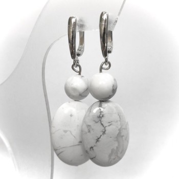 Cacholong Natural Stone Earrings, Diameter 10mm, 24x18mm+/-, Length 50mm+