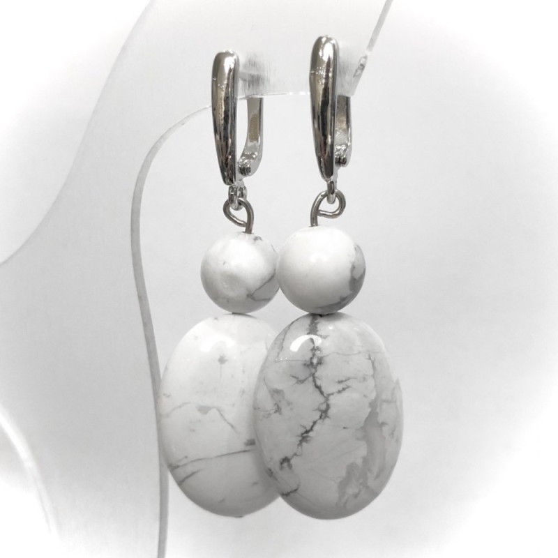 Cacholong Natural Stone Earrings, Diameter 10mm, 24x18mm+/-, Length 50mm+