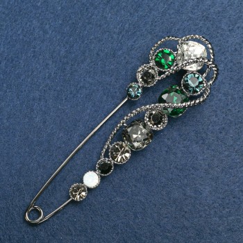 Brooch Pin Silver-Tone Metal, White, Green, Grey Crystals 90×17mm +