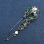 Brooch Pin Silver-Tone Metal, White, Green, Grey Crystals 90×17mm +