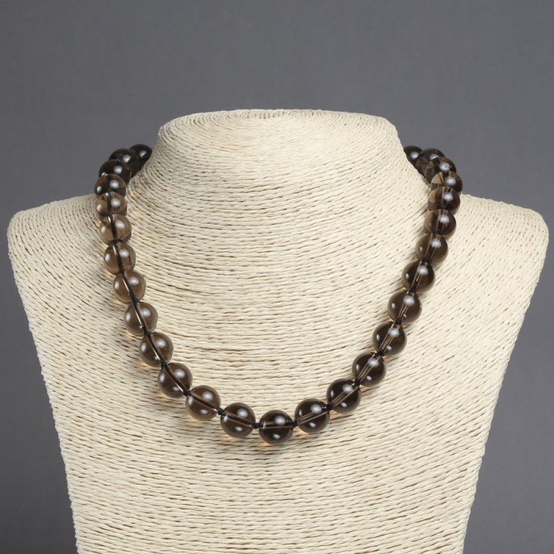Natural Stone Smoky Quartz Necklace, smooth round beads, diameter 12mm+-, length 45cm+
