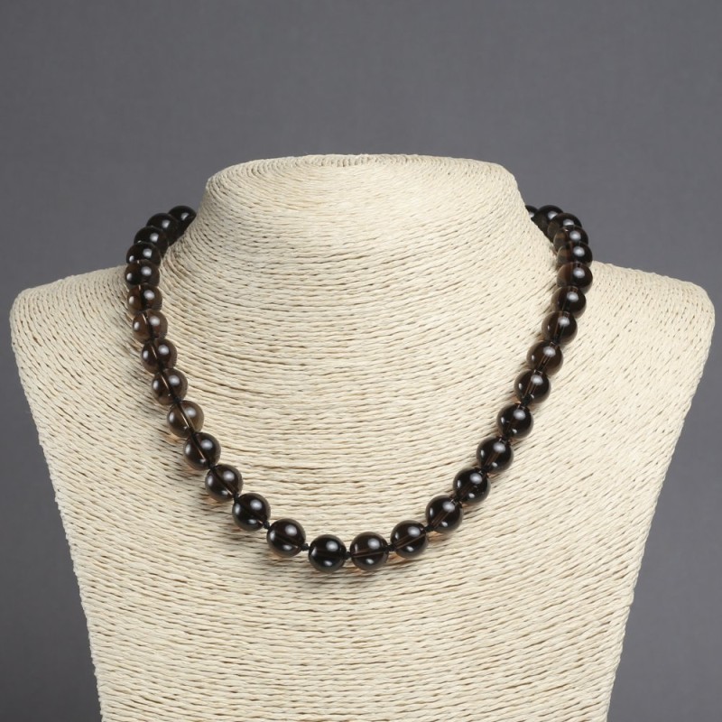 Natural Stone Smoky Quartz Necklace, smooth round beads, diameter 10mm+-, length 45cm+