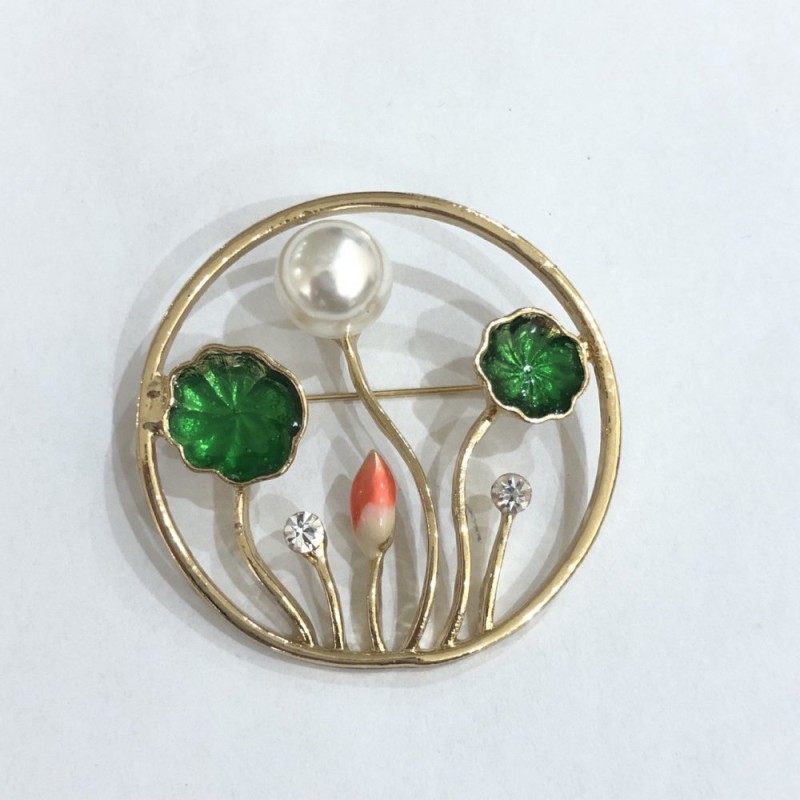 Sale! Botanical Brooch with Enamel, White Rhinestones and Bead, Gold-Tone Metal 47mm+