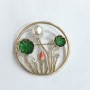Sale! Botanical Brooch with Enamel, White Rhinestones and Bead, Gold-Tone Metal 47mm+