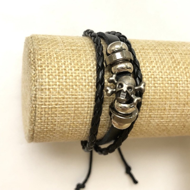 Eco-Leather Skull Bracelet, Adjustable Drawstring, 18-24cm Black