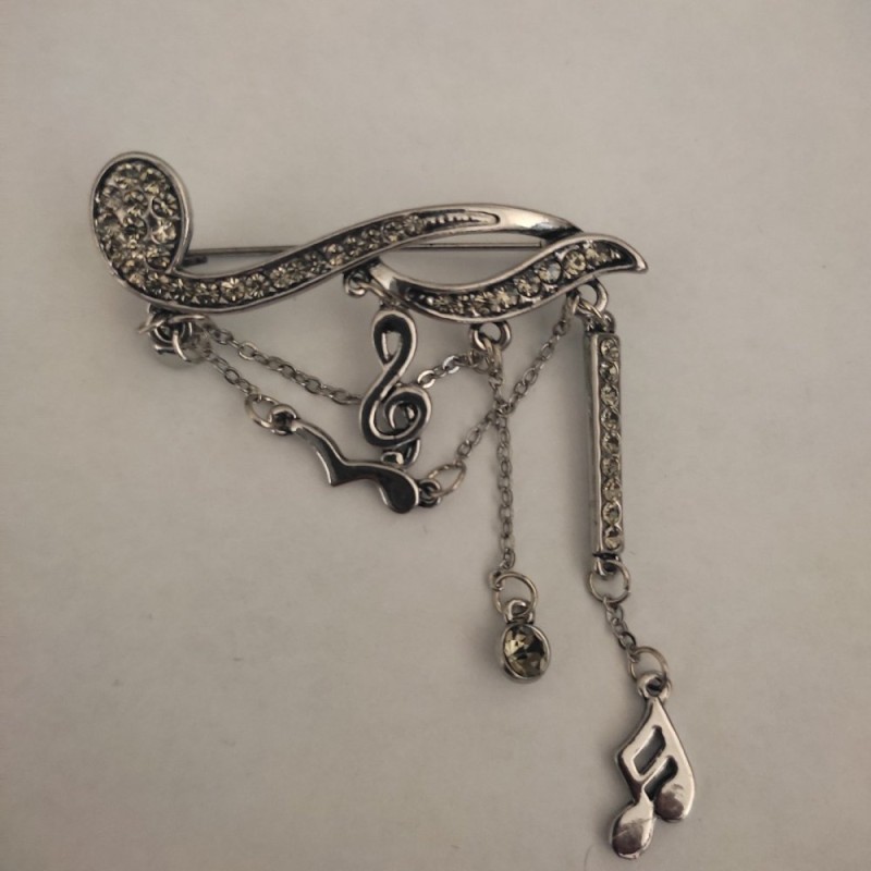 CLEARANCE Music Note Brooch with Charms Dark Grey Metal and Rhinestones 19x50mm+
