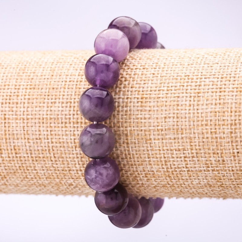 Amethyst Bracelet, Smooth Round Beads, Diameter 12mm, Circumference 18cm, on Elastic