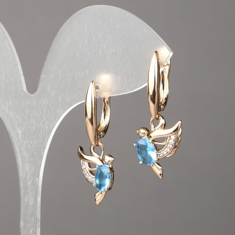 Xuping Earrings 18K Gold Plated with White Rhinestones and Blue Crystals, 34x12mm +