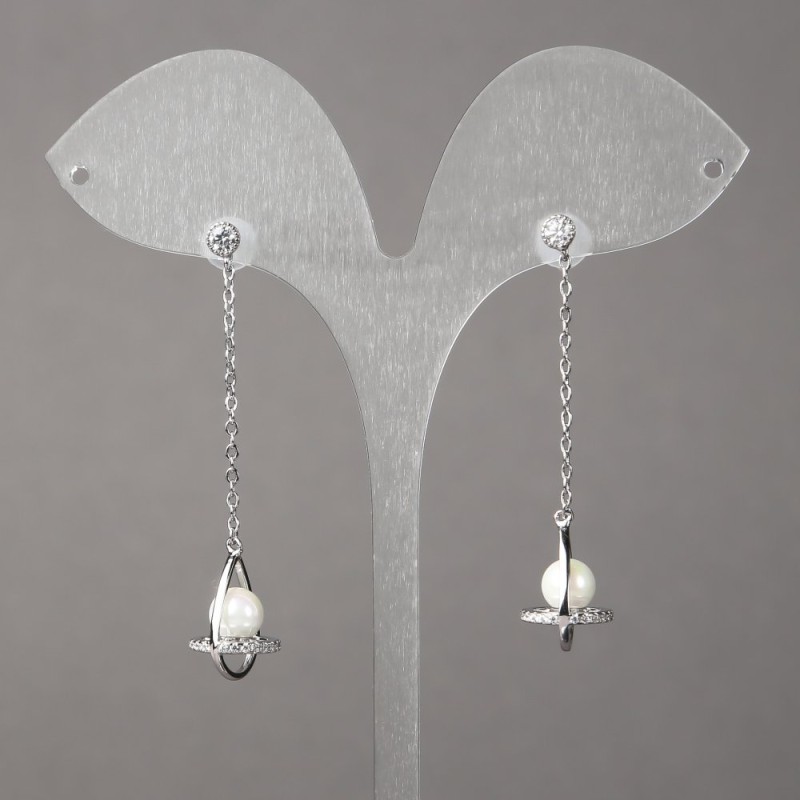 Xuping Rhodium Earrings with White Rhinestones and Beads, 15x11mm +/-, length 50mm +/-, thickness 1.1mm +