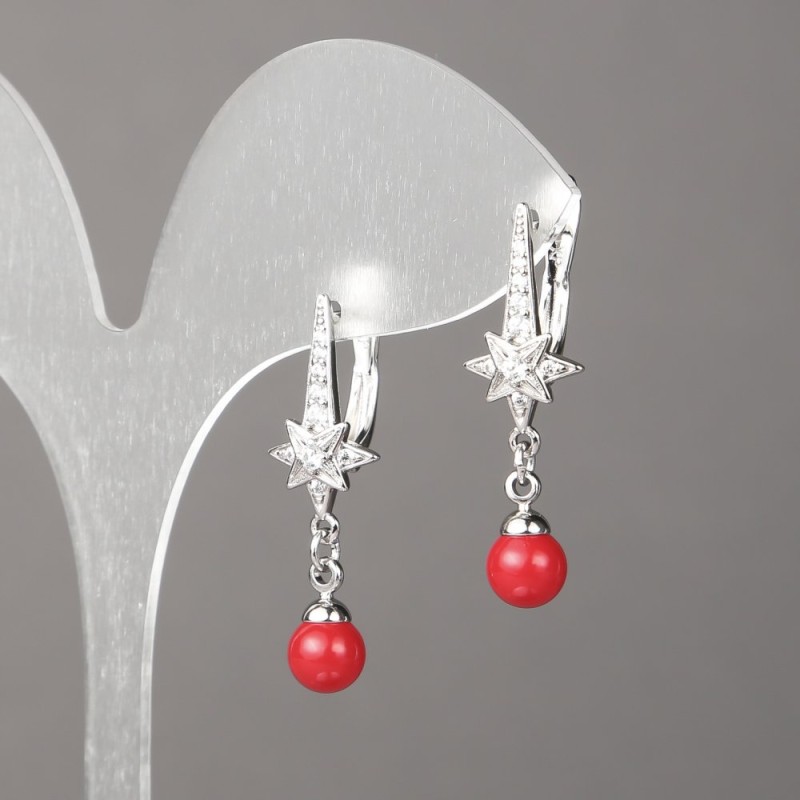 Xuping Rhodium Earrings with White Rhinestones and Red Bead, 32x10mm +