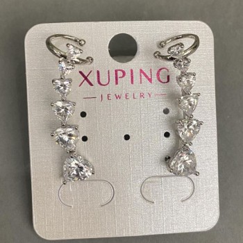 Xuping Rhodium Cuff Stud Earring with White Heart Crystals 32x10mm +