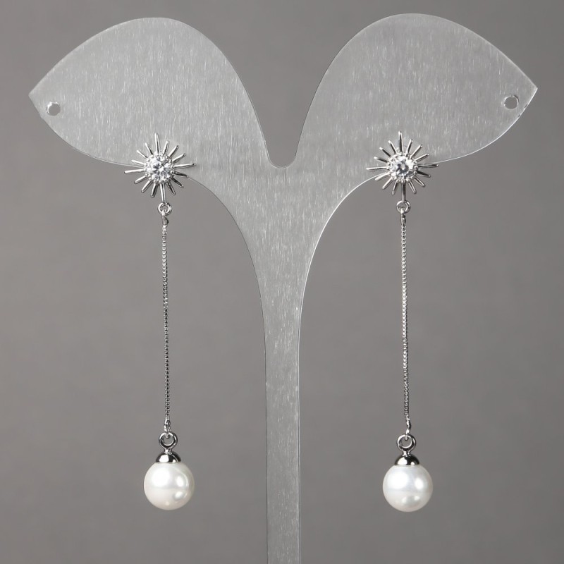 Xuping Rhodium Stud Earrings with Rhinestones, Beads and Pendants, 12mm +/-, length 58mm +/-, thickness 0.7mm +