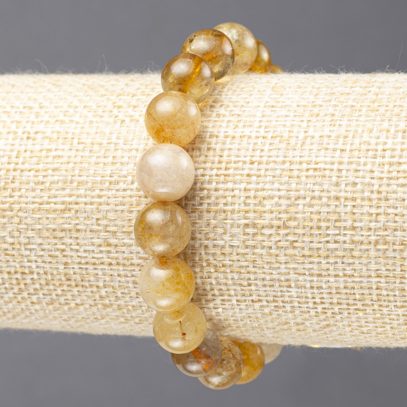 Rutilated Quartz Natural Stone Elastic Bracelet, smooth bead, diameter 10(+/-)mm