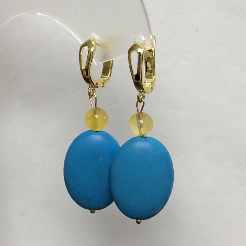 Earrings Blue Turquoise Oval 18x25mm+- and Citrine Smooth Round Bead 8mm+-, length 50mm+