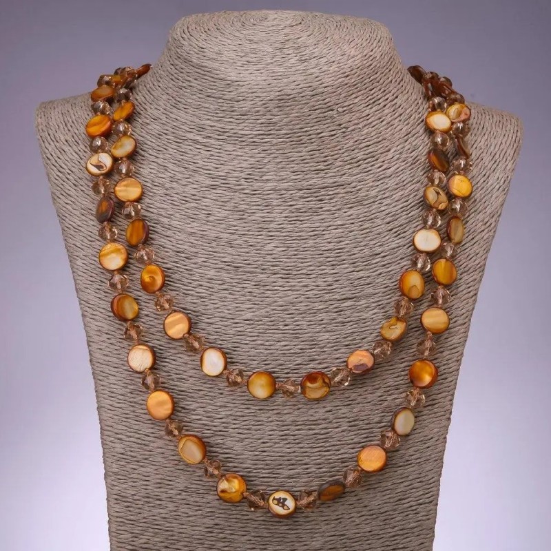 Natural Mother-of-Pearl Coin Necklace with Golden Czech Crystal, diameter 11mm 8mm, length 120cm