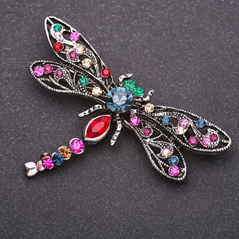 Dragonfly Brooch with Multicoloured Rhinestones 70x45mm Grey Metal