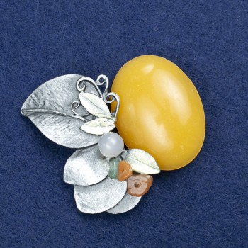 Clearance! Twig Brooch with Amber (imit.) and Assorted Stones, Silver-Tone Metal 60x50mm +