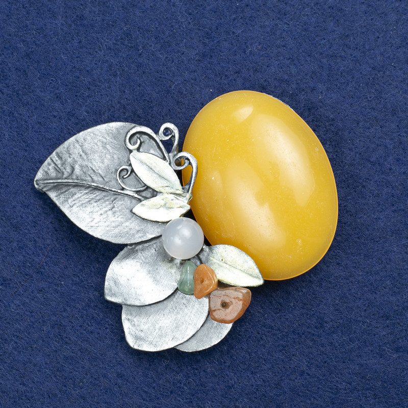 Clearance! Twig Brooch with Amber (imit.) and Assorted Stones, Silver-Tone Metal 60x50mm +