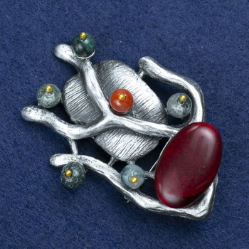 Clearance! Twig Brooch with Carnelian and Assorted Stones, Silver-Tone Metal 61x42mm +