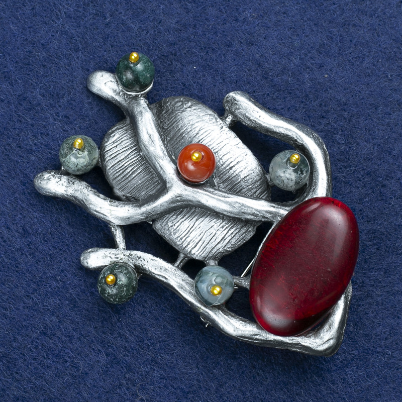 Clearance! Twig Brooch with Carnelian and Assorted Stones, Silver-Tone Metal 61x42mm +
