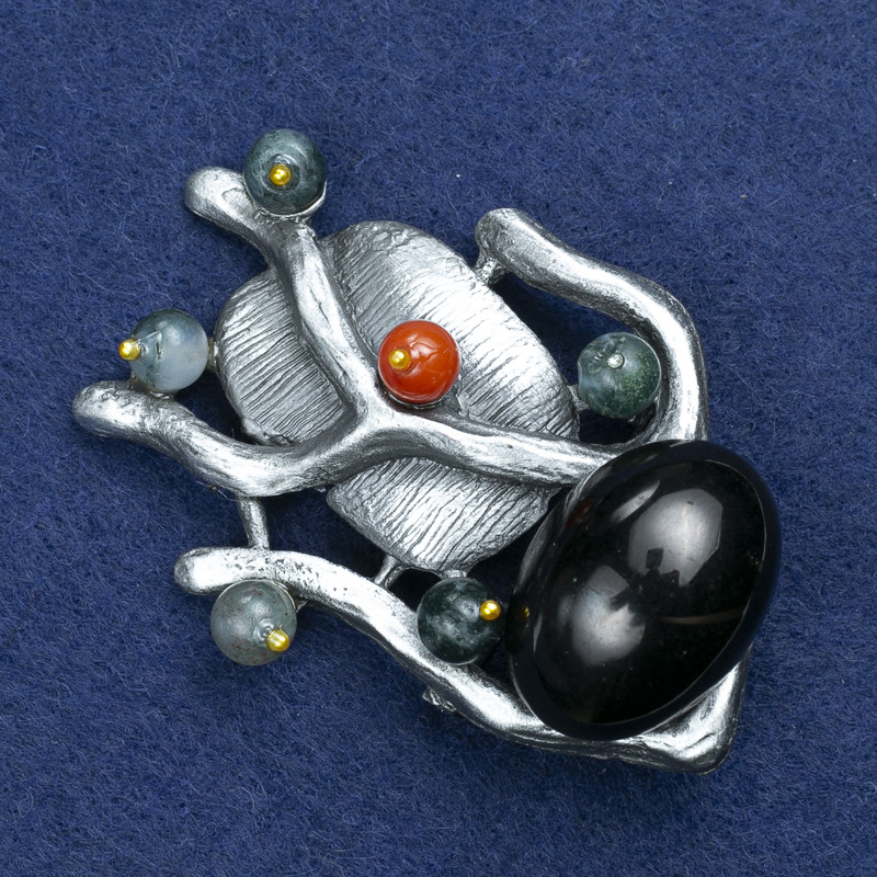 Sale! Twig Brooch with Agate and Assorted Stones, Silver-Tone Metal 61x42mm +