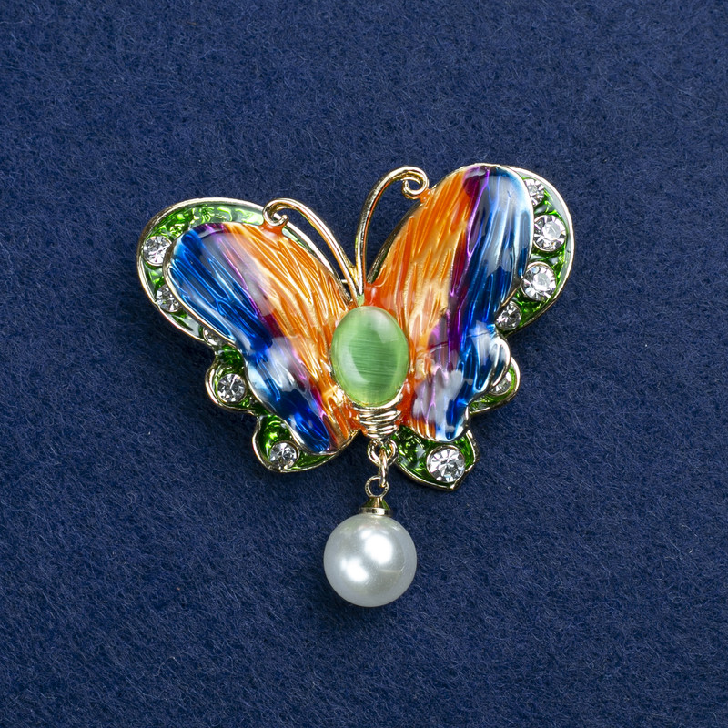 Sale! Butterfly Brooch gold-tone metal, cat's eye, enamel, rhinestones and a bead 45x40mm +