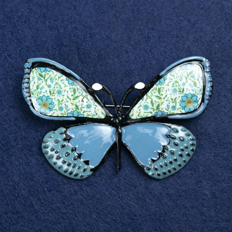 Sale! Butterfly Brooch Silver-Tone Metal and Enamel 70x40mm +