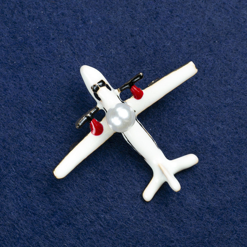 Aeroplane Brooch Gold-Tone Metal, Enamel and Bead 50x40mm +