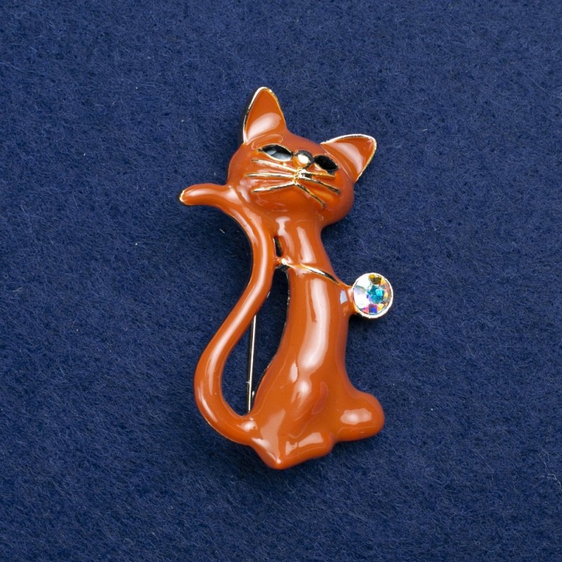 Sale! Kitten Brooch Gold-Tone Metal, Enamel and Crystal 50x30mm +