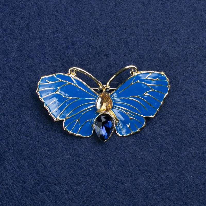 Sale! Butterfly Brooch Gold-Tone Metal, Enamel and Crystals 50x27mm +