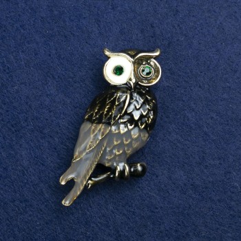 Sale! Owl Brooch Gold-Tone Metal, Enamel and Rhinestones 42x28mm +