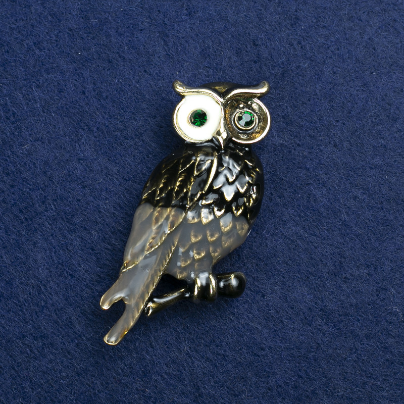 Sale! Owl Brooch Gold-Tone Metal, Enamel and Rhinestones 42x28mm +
