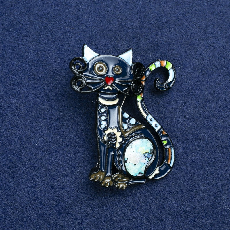 Sale! Kitten Brooch Silver-Tone Metal and Enamel 47x37mm +
