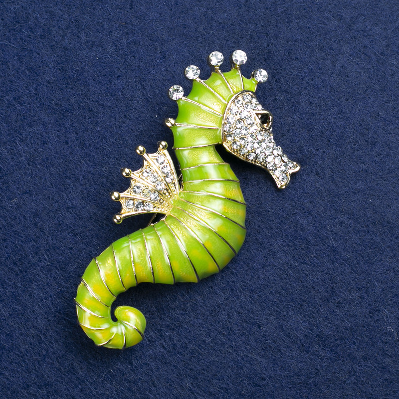 Sale! Seahorse Brooch Gold-Tone Metal, Enamel and Rhinestones 30x64mm +