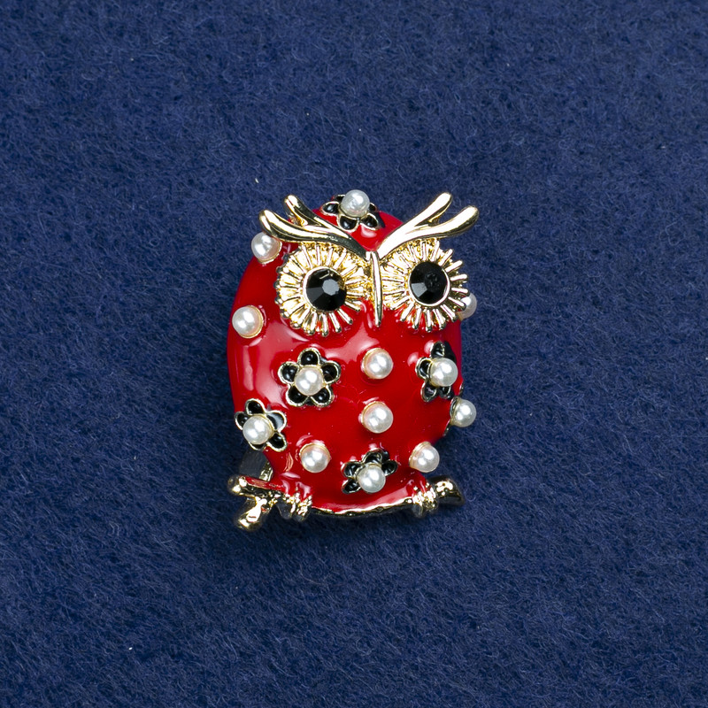 Sale! Owl Brooch Gold-Tone Metal, Enamel, Beads and Rhinestones 30x25mm +