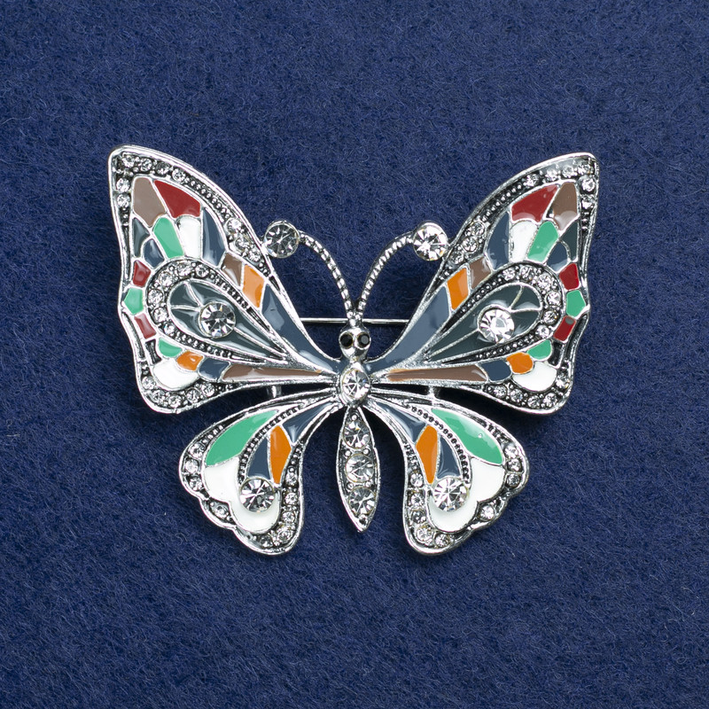Sale! Butterfly Brooch Silver-Tone Metal, Enamel and Rhinestones 54x45mm +