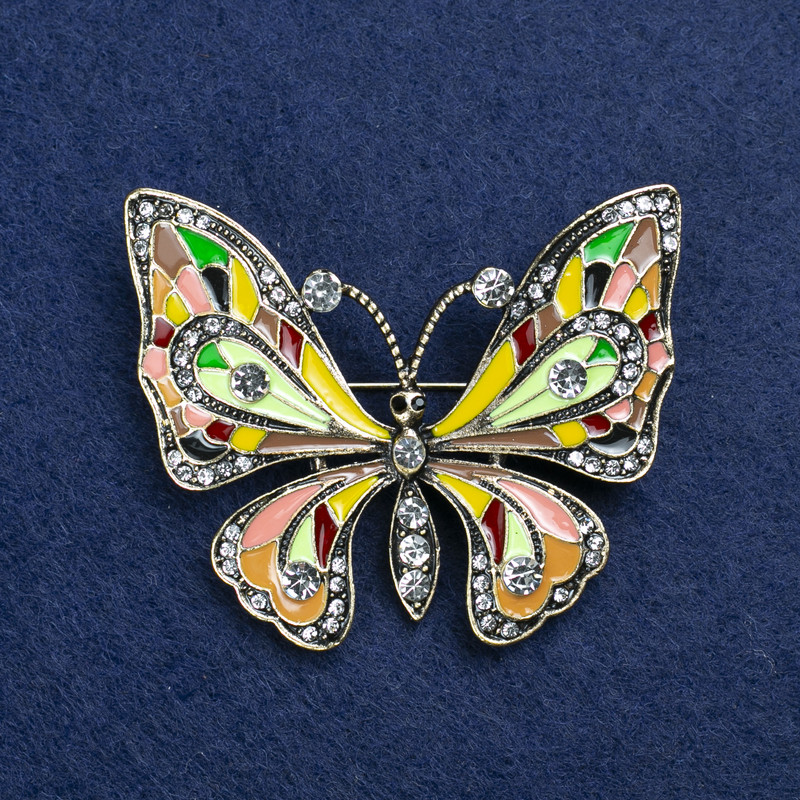 Sale! Brooch Butterfly gold-tone metal, enamel and rhinestones 54x45mm +