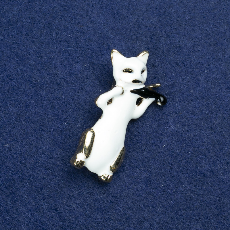 Sale! Brooch Cat and Violin gold-tone metal and enamel 40x15mm +