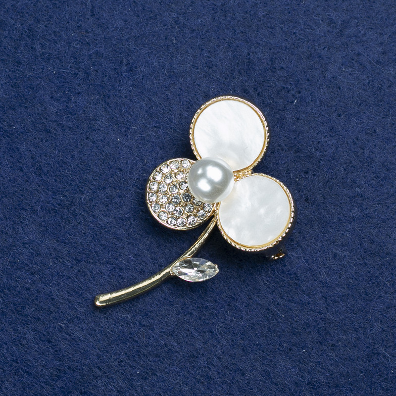 Sale! Brooch Flower gold-tone metal, mother-of-pearl, rhinestones and beads 44x27mm +