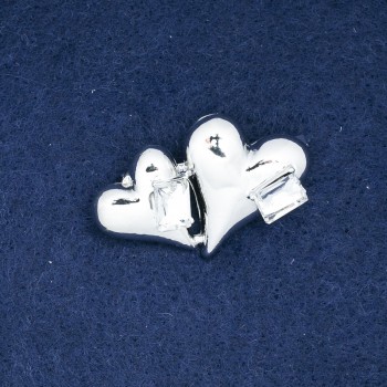 Sale! Brooch Hearts silver-tone metal and crystals 38x24mm +