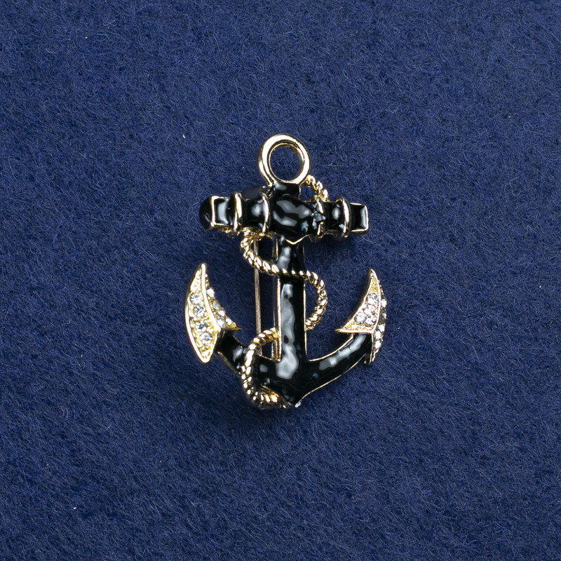 Sale! Brooch Anchor gold-tone metal, enamel with mother-of-pearl flecks and rhinestones 31x26mm +