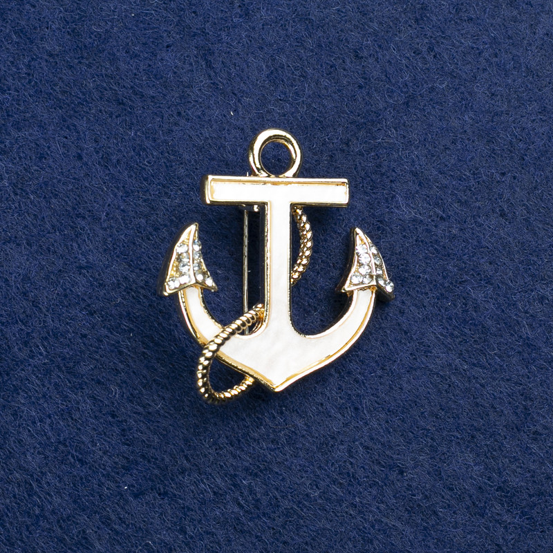 Sale! Brooch Anchor gold-tone metal, mother-of-pearl and rhinestones 30x28mm +