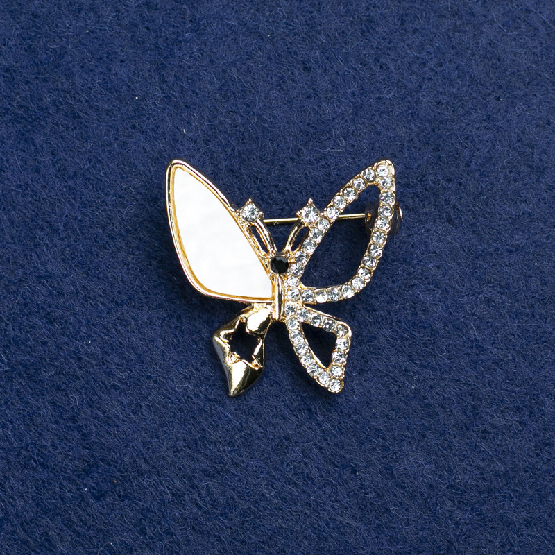 Sale! Brooch Butterfly gold-tone metal, mother-of-pearl and rhinestones 27mm +