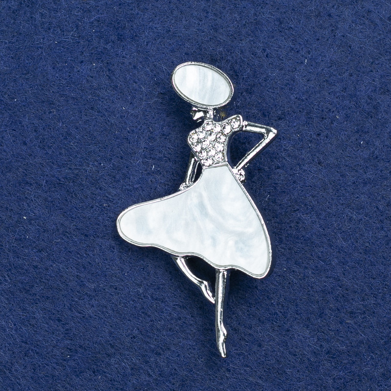 Sale! Brooch Lady in a Hat silver-tone metal, mother-of-pearl and rhinestones 48x27mm +