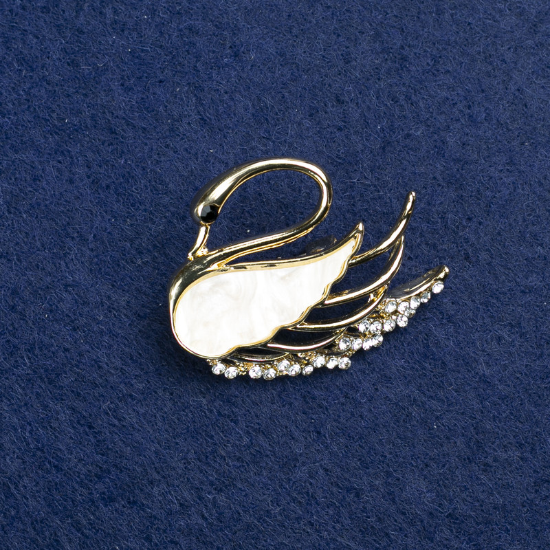 Sale! Swan Brooch Gold-tone Metal, Mother-of-Pearl and Rhinestones 35x28mm +