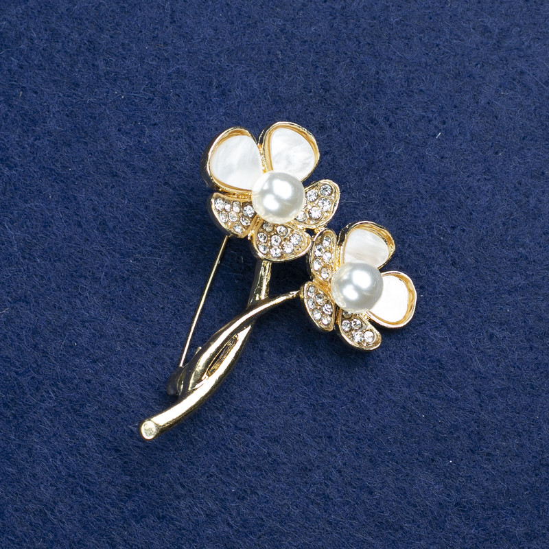 Sale! Flower Brooch Gold-tone Metal, Mother-of-Pearl, Rhinestones and Beads 44x35mm +