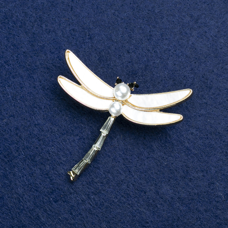 Sale! Dragonfly Brooch Gold-tone Metal, Mother-of-Pearl, Crystals and Beads 42x45mm +
