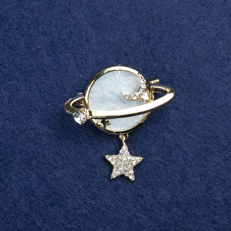 Sale! Planet Brooch Gold-tone Metal, Mother-of-Pearl and Rhinestones 36x38mm +